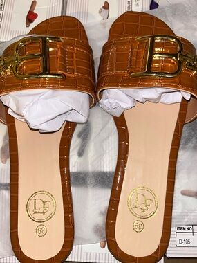 Cognac Croc-Embossed Slide Mules with Gold Double Initial Accent